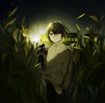  2boys aged_down black_eyes black_hair commentary_request corn_field crying crying_with_eyes_open false_memory guan_chao_(false_memory) guan_chao_(teenager)_(false_memory) hair_between_eyes he_mingshuo high_collar highres jacket male_focus medium_hair multiple_boys night outdoors pants running school_uniform tears track_jacket train utility_pole zhudianbaizhou 