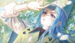  1girl absurdres aqua_cloak blue_eyes blue_hair cloak conical_hat grass hat highres long_hair open_mouth outdoors porukana qifrey's_atelier_apprentice_uniform richeh_(tongari_boushi_no_atelier) solo tongari_boushi_no_atelier 