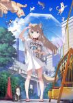  1girl 40hara absurdres animal animal_ear_fluff animal_ears arm_up black_sandals blue_sky bridge brown_hair building cat cat_ears cat_girl cat_tail commentary_request day green_eyes highres holding holding_umbrella kinako_(40hara) long_hair long_shirt off_shoulder original outdoors oversized_clothes oversized_shirt parted_lips print_shirt sandals shirt short_sleeves sky solo standing t-shirt tail transparent transparent_umbrella umbrella very_long_hair white_cat white_shirt 