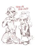 1boy 1girl alolan_meowth antenna_hair baseball_cap blush exposed_pocket greyscale hat hilbert_(pokemon) hilda_(pokemon) holding holding_pokemon monochrome open_mouth pokemon pokemon_(creature) pokemon_black_and_white smile souko_(ikumidesu193) spot_color squatting sweat translated 