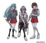  3girls ahoge alter_ego_(vocaloid) arm_support black_hair black_pantyhose black_socks blue_eyes blue_hair blue_streaks bow bowtie braid breasts brown_hair cardigan cardigan_around_waist chair clothes_around_waist collared_shirt commentary company_name copyright_notice crossed_legs delinquent desert_eagle full_body grey_sweater gun handgun highres holding holding_gun holding_weapon industrial_pipe kisara_(nijisanji) kneehighs lips long_hair long_sleeves looking_at_viewer medium_hair misejyuk mole mole_under_mouth multicolored_hair multiple_girls necktie nijisanji official_alternate_costume official_art on_chair pantyhose pleated_skirt red_bow red_bowtie red_necktie red_skirt school_chair school_uniform shiga_riko shirt shoes short_hair simple_background sitting skirt sleeves_rolled_up smile socks standing star_(symbol) star_in_eye streaked_hair sweater sweater_vest symbol_in_eye tamanoi_nana thighhighs uwabaki virtual_youtuber weapon white_background white_shirt white_shoes white_thighhighs wolf_cut yellow_eyes 