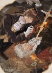  2boys antonio_salieri_(fate) artist_request ascot broken_mirror brown_hair commentary commission crack cracked_glass different_reflection dual_persona fate/grand_order fate_(series) fire gloves grey_hair hair_ribbon half_updo highres jacket long_sleeves looking_at_mirror lying mirror multiple_boys on_back on_side planted planted_sword reflection ribbon second-party_source shirt sword untranslatable_commentary vest weapon 