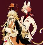  1boy 1girl aislan animal_ears animal_on_head aqua_eyes black_jacket blonde_hair cat_boy cat_ears cat_tail commentary cup deltarune dress drinking_glass english_commentary flowery_(deltarune) genderswap genderswap_(ftm) genderswap_(mtf) gown green_dress highres holding holding_cup jacket jacket_on_shoulders long_hair long_sleeves mad_mew_mew mouse_(animal) on_head orange_(deltarune) orange_dress pink_hair puffy_long_sleeves puffy_sleeves red_background suit suit_jacket sunglasses tail utdr_(toby_fox) very_long_hair white_dress white_jacket white_suit wine_glass yellow_eyes 