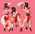  1girl black_sash breasts brown_hair cleavage commentary dress fatal_fury full_body hand_fan hand_on_own_hip hand_on_own_knee high_ponytail highres holding holding_fan long_hair looking_at_viewer looking_back motoyui multiple_views one_eye_closed open_mouth paper_fan pelvic_curtain pink_background ponytail red_dress sash shiranui_mai simple_background standing the_awesombrosos toeless_legwear v-shaped_eyebrows 