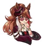  1girl animal_ears black_shirt blush bracelet breasts brown_hair camellia_(camel_mal) chain_necktie choker ears_through_headwear fedora forever_young_(racing)_(umamusume) forever_young_(umamusume) green_choker green_eyes grin hat highres horse_ears horse_girl jacket jewelry long_hair looking_at_viewer multicolored_hair necktie open_mouth purple-tinted_eyewear red-tinted_eyewear red_jacket red_streaks shirt simple_background smile solo streaked_hair sunglasses teeth tinted_eyewear umamusume white_background white_necktie white_streaks 