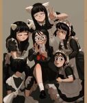  6+girls apron black_dress black_eyes black_hair black_sailor_collar black_serafuku black_shirt black_skirt border bow bowtie brown_border bun_cover cellphone commentary cone_hair_bun double_bun dress frilled_hairband frills grey_background hair_bun hairband holding holding_phone long_hair looking_at_viewer maid maid_apron maid_headdress multiple_girls original phone red_bow red_bowtie round_eyewear sailor_collar school_uniform selfie serafuku shirt short_hair simple_background sitting skirt smartphone smile smug socks the_awesombrosos twintails untranslatable_commentary v white_apron white_socks 