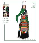  1girl 2026 black_eyes black_hair black_robe chinese_commentary chinese_text commentary_request eborel full_body fur_hat green_shirt hat highres long_hair looking_at_viewer original photo-referenced photo_inset red_lips reference_inset robe shirt sleeves_past_fingers sleeves_past_wrists solo standing tibetan_clothes white_background white_hat 