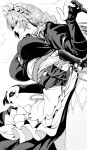  1girl absurdres alexandrina_sebastiane apron black_dress breasts commentary dress frilled_apron frills from_below gloves greyscale highres juliet_sleeves large_breasts long_hair long_sleeves looking_ahead maid maid_apron maid_headdress making-of_available marse_(rokudaime) monochrome parted_lips partially_fingerless_gloves puffy_sleeves side_slit smile solo zenless_zone_zero 