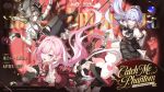  3girls asymmetrical_gloves black_garter_straps black_gloves black_hat black_shoes black_thighhighs blue_eyes braid closed_mouth commentary_request detached_sleeves earrings elysia_(hi_love_elf)_(honkai_impact) elysia_(honkai_impact) english_text garter_straps gloves grey_hair hair_between_eyes half_gloves hat high_heels highres holding holding_unworn_clothes holding_unworn_hat honkai_(series) honkai_impact_3rd jacket jewelry kiana_kaslana kiana_kaslana_(ba-dum!_fiery_wishing_star) korean_commentary korean_text little_messenger_(honkai_impact) long_hair long_sleeves looking_at_viewer mismatched_gloves multiple_girls official_art one_eye_closed open_clothes open_jacket open_mouth pink_eyes pink_hair pointy_ears red_eyes shoes single_garter_strap single_pant_leg single_thighhigh smile symbol-shaped_pupils thighhighs top_hat unworn_hat unworn_headwear very_long_hair vita_(honkai_impact) white_gloves white_hair white_thighhighs 