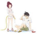  1boy 1girl bikini bikini_visible_through_clothes blush closed_eyes closed_mouth commentary_request forehead full_body green_shorts grin hair_bun hand_in_own_hair hand_up hetero highres holding holding_hose hose komari_chika make_heroine_ga_oo_sugiru! nukumizu_kazuhiko official_alternate_costume official_alternate_hairstyle red_bikini red_hair sandals shirt short_hair short_sleeves shorts simple_background smile splashing standing swimsuit t-shirt toes toyosora water water_gun wet wet_clothes wet_hair wet_shirt white_background white_shirt 