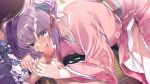  1boy 1girl after_fellatio blush censored cum cum_on_body cum_on_clothes cum_on_hair cumdrip_from_penis erection facial floral_print floral_print_kimono game_asset grabbing_another's_penis green_eyes hair_ornament hetero highres japanese_clothes jewelry kimono licking_lips long_sleeves momoiro_okami_no_honoka-san mosaic_censoring non-web_source on_floor penis print_kimono purple_hair ring self-datamine solo_focus tanioka_rentarou tatami tongue tongue_out tsuyuri_honoka visual_novel_cg yatsuha_kanan 