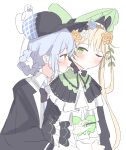  2girls absurdres bird_hat_ornament black_bow black_bowtie black_capelet black_flower black_hat black_rose blonde_hair blue_hair blue_necktie bonnet bow bow_flower bowtie braid braided_hair_rings capelet chinstrap collared_shirt commentary_request deerstalker flower frilled_capelet frills green_bonnet green_eyes hair_bow hair_flower hair_ornament hair_rings hat hat_bow highres hug long_hair long_sleeves mahou_shoujo_no_majo_saiban march_23th multiple_girls necktie one_eye_closed rose shirt short_hair simple_background tachibana_sherry tongue tongue_out tono_hanna twintails white_background white_flower white_rose white_shirt winged_hat yellow_eyes yellow_flower yellow_rose 