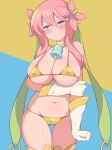  1girl absurdres bell bikini blonde_hair blue_eyes blush breasts cleavage closed_mouth commentary_request cowboy_shot duel_masters elbow_gloves flower gloves gold_bikini gold_trim green_hair_ornament hair_flower hair_ornament hand_on_own_arm highres large_breasts long_hair multicolored_hair navel neck_bell niboccc pink_hair rafululu_love_(duel_masters) sidelocks smile solo sweatdrop swimsuit thighhighs white_gloves 