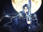  1boy armor black_cloak black_hair black_jacket black_shirt blue_eyes character_name cloak closed_mouth final_fantasy final_fantasy_xv full_moon gold_trim hair_between_eyes holding holding_sword holding_weapon jacket long_sleeves looking_at_viewer male_focus moon night night_sky noctis_lucis_caelum open_collar serious shirt short_hair shoulder_armor sky solo sword upper_body weapon yui_(nightflight) 