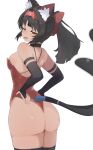  1girl absurdres animal_ear_fluff animal_ears ass bare_shoulders black_hair black_thighhighs blush breasts bridal_gauntlets cat_ears cat_girl cat_tail commentary_request dark-skinned_female dark_skin highres leotard nekomiya_mana open_mouth red_eyes red_leotard samejimamayu small_breasts solo tail thighhighs zenless_zone_zero 