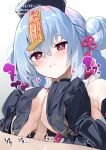  1boy 1girl areola_slip astral_party bare_shoulders black_dress black_hat blue_hair blush braid braided_hair_rings breast_curtains breasts breasts_squeezed_together censored cleavage commentary_request detached_sleeves double_bun dress haiqing_(astral_party) haiqing_(jiangshi)_(astral_party) hair_bun hair_ornament hair_rings hat hetero jiangshi_costume large_breasts long_hair looking_at_viewer ofuda ofuda_on_head oza_osuwari paizuri penis qingdai_guanmao red_eyes smile tassel tassel_hair_ornament 