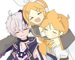  1boy 2girls :d absurdres ahoge androgynous blush bow brother_and_sister flower_(vocaloid) flower_(vocaloid4) grey_sailor_collar hair_ornament hairclip headphones headset highres hood hooded_jacket jacket kagamine_len kagamine_rin multicolored_hair multiple_girls neckerchief necktie parallel_hairclips purple_jacket purple_shirt saeamnsa sailor_collar shirt siblings sleeveless sleeveless_jacket smile streaked_hair tomboy twins vocaloid white_background white_bow white_hair yellow_nails yellow_neckerchief yellow_necktie yellow_trim 