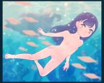  1girl barefoot black_hair blush breasts commentary completely_nude coral coral_reef fish green_eyes highres long_hair multicolored_eyes nipples nude original pussy red_eyes skinny_dipping smile solo soruteimu~n underwater water wet 
