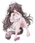  1girl ahoge animal_ear_fluff animal_ears bandaged_leg bandages bare_shoulders blush bow breasts brown_eyes brown_hair cat_ears cat_girl cat_tail choker cleavage commentary_request commission dress fang frilled_choker frilled_dress frills full_body hair_between_eyes hair_intakes hand_to_own_mouth high_heels highres indie_virtual_youtuber jacket knees_up large_breasts long_hair looking_at_viewer low_neckline messy_hair off_shoulder open_mouth original pink_bow pink_choker pink_jacket pom_pom_(clothes) puriring123 second-party_source shoes simple_background single_thighhigh sitting skin_fang skirt solo strapless strapless_dress tail tail_bow tail_ornament thighhighs tongue two_side_up very_long_hair white_background white_choker white_dress white_thighhighs 
