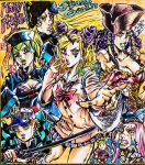  animal_costume animal_ears aqua_eyes ashiya_kouhei baseball_cap blonde_hair blood blood_from_mouth blue_eyeliner blue_fur blue_hat breasts cardigan character_doll checkered_haori chin_tattoo cleavage commentary_request cone_hair_bun cosplay demon_slayer_uniform doll double_bun dreadlocks emporio_alnino ermes_costello eyeliner facial_mark foo_fighters_(jojo) forehead_tattoo fur_hat green_lips grin gyaru hair_bun haori happy_halloween hat highres holding holding_doll holding_sword holding_weapon japanese_clothes jiangshi jiangshi_costume jojo_no_kimyou_na_bouken kamado_tanjirou kamado_tanjirou_(cosplay) kimetsu_no_yaiba kogal kujo_jolyne large_breasts long_hair makeup marker_(medium) medium_breasts miniskirt multicolored_hair nail_polish narciso_anasui ofuda ofuda_on_head outstretched_arms pink_cardigan pink_eyes pink_hair pirate_costume pirate_hat plaid_clothes plaid_skirt pleated_skirt puckered_lips purple_hair purple_nails qingdai_guanmao school_uniform short_hair signature skirt skirt_peek sleeves_past_wrists smile stone_ocean sword tattoo traditional_media two-tone_hair w weapon weather_report wolf_costume wolf_ears yellow_eyes zombie_pose 