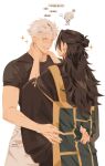  2boys absurdres black_hair blue_eyes chibi earrings english_text geto_suguru gojo_satoru grin hair_bun hand_on_another's_neck highres jewelry jujutsu_kaisen long_hair looking_at_another male_focus multiple_boys pants rizurin ryoumen_sukuna_(jujutsu_kaisen) short_sleeves sideburns simple_background smile sparkle white_background white_hair white_pants yaoi 