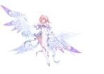  1girl absurdres bare_shoulders breasts chinese_commentary cleavage commentary_request detached_sleeves dress feathered_wings full_body hair_intakes hair_ornament highres large_breasts long_sleeves looking_at_viewer mechanical_wings medium_hair multiple_wings pink_eyes pink_hair pointy_ears remielle_dan short_dress simple_background smile solo tameng_official thighhighs white_background white_dress white_thighhighs white_wings wings zenless_zone_zero 