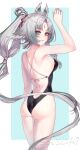  1girl animal_ears arcane_(arknights) arknights arknights:_endfield arm_at_side arm_up armpit_crease ass backless_swimsuit bare_arms bare_back bare_shoulders bird_ears bird_girl black_one-piece_swimsuit blue_eyes border braid breasts commentary covered_nipples cowboy_shot curtained_hair facial_mark forehead_mark from_behind gradient_hair grey_hair half_up_braid head_wings highres long_hair looking_at_viewer looking_back median_furrow medium_breasts multicolored_hair one-piece_swimsuit outside_border parted_bangs parted_lips ponytail shoulder_blades sicsic49 sideboob solo swimsuit twitter_username very_long_hair wings 