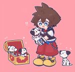  ! !! 101_dalmatians 1boy animal baby_animal belt blue_belt blue_eyes boots brown_hair commentary_request crown_necklace dalmatian dog fingerless_gloves gloves haru_sorara highres holding holding_animal holding_dog jacket kingdom_hearts kingdom_hearts_i male_focus open_mouth pink_background puppy red_romper romper short_hair signature sora_(kingdom_hearts) sparkle spiked_hair standing treasure_chest white_gloves yellow_boots 
