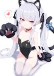  1girl absurdres animal_ear_fluff animal_ear_hairband animal_ears animal_hands bare_shoulders bell black_leotard black_ribbon blush breasts cat_ear_hairband cat_ears cat_tail choker closed_mouth collarbone commentary_request covered_navel fake_animal_ears fang feet gloves grey_hair groin hair_ribbon hairband heart highres korean_commentary leotard long_hair looking_at_viewer neck_bell nipple_slip nipples no_shoes oldsickkim original paw_gloves pointy_ears red_choker red_eyes ribbon simple_background sitting skin_fang skindentation small_breasts spoken_heart strapless strapless_leotard sweatdrop tail thighhighs thighs twintails wariza white_background white_thighhighs 