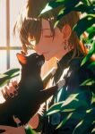  1boy absurdres animal backlighting black_cat black_nails black_shirt brown_hair cat closed_eyes commentary earrings floral_print floral_print_shirt highres hinakusa17 holding holding_animal indoors jewelry kanae_(14th_costume)_(nijisanji) kanae_(nijisanji) leaf long_hair male_focus mole mole_under_eye nail_polish necklace nijisanji plant print_shirt shirt sleeves_rolled_up smile solo untranslatable_commentary virtual_youtuber window 