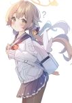  1girl ? absurdres accidental_exposure backpack bag black_pantyhose blue_archive blue_sailor_collar blue_skirt blush bow bowtie brown_hair cardigan closed_mouth clothes_lift commentary dot_mouth double-parted_bangs from_side halo hifumi_(blue_archive) highres long_hair looking_at_viewer low_twintails miniskirt overexposure panties panties_under_pantyhose pantyhose pantyshot petticoat pleated_skirt raised_eyebrows sailor_collar school_uniform serafuku simple_background skirt skirt_caught_on_object skirt_lift skirt_rolled_up solo sonoji twintails underwear untranslatable_commentary white_background white_bag white_cardigan winged_bag winged_halo yellow_bow yellow_bowtie yellow_eyes yellow_halo 
