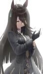  1girl absurdres adjusting_clothes adjusting_gloves ahoge animal_ears black_choker black_coat black_gloves black_hair black_shirt blush breasts choker coat collared_shirt commentary ear_tag earrings glove_in_mouth gloves hair_between_eyes highres horse_ears horse_girl jewelry long_bangs long_hair long_hair_between_eyes long_sleeves manhattan_cafe_(creeping_shadow)_(umamusume) manhattan_cafe_(umamusume) mouth_hold multicolored_hair nao_toyooooo necktie shirt simple_background single_earring small_breasts solo umamusume white_background white_hair yellow_eyes yellow_necktie 