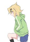  1girl akatsuki_kirika black_socks blonde_hair blue_shorts blush commentary_request feet_out_of_frame green_eyes green_hoodie hair_ornament hands_in_pockets highres hood hood_down hoodie koma_kitsune_(kururito) looking_at_viewer looking_to_the_side open_mouth senki_zesshou_symphogear short_hair shorts simple_background socks solo white_background x_hair_ornament 