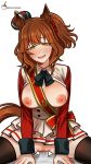  absurdres animal_ears arroz_con_leche aston_machan_(flare)_(umamusume) aston_machan_(umamusume) blush breasts cowgirl_position crown hair_ornament hair_scrunchie highres horse_ears horse_girl horse_tail mini_crown nipples red_scrunchie red_sleeves scrunchie side_ponytail straddling tail tilted_headwear umamusume vaginal 