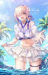  1girl absurdres bikini breasts choker colored_inner_hair commentary_request fate/grand_order fate_(series) flower hair_flower hair_ornament hair_over_one_eye hair_ribbon harukey highres leg_ribbon long_sleeves mash_kyrielight mash_kyrielight_(swimsuit_of_perpetual_summer_ver.03) multicolored_hair palm_tree pink_hair ponytail purple_bikini purple_eyes purple_hair ribbon see-through_clothes see-through_shrug short_hair short_ponytail shrug_(clothing) skirt sunlight swimsuit thigh_ribbon tree water white_shrug white_skirt 