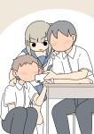  1girl 2boys :d blue_sailor_collar blue_skirt blush brown_background brown_hair cellphone chair collared_shirt commentary_request desk dress_shirt faceless faceless_male full-face_blush grey_hair grey_pants hand_on_another's_shoulder holding holding_phone juukyuu multiple_boys on_chair one_side_up original pants phone pleated_skirt sailor_collar school_chair school_desk school_uniform serafuku shirt sitting skirt smile socks solid_circle_eyes squatting two-tone_background white_background white_shirt white_socks 