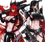  2girls abs antenna_hair arm_warmers artist_name assault_rifle bare_shoulders belt black_belt black_cloak black_gloves black_jacket black_pants black_shirt black_shorts blonde_hair blue_eyes breasts broken_mask chinese_commentary cleavage cloak clothing_cutout commentary_request cowboy_shot crop_top cropped_jacket crotch_plate fingerless_gloves gloves goddess_of_victory:_nikke grave_(nikke) groin gun hair_between_eyes hair_flaps hair_over_one_eye hand_on_own_hip hand_up highres hip_vent holding holding_gun holding_weapon hood hood_up hooded_cloak horns jacket large_breasts leather leather_jacket leather_pants leg_cutout linea_alba linea_semilunaris long_hair looking_at_viewer mask mechanical_horns metal_gloves micro_shorts midriff multiple_girls multiple_scars navel pants panty_straps parted_lips red_hair red_hood_(nikke) red_scarf rifle scar scar_on_stomach scarf shirt shorts sidelocks simple_background single_arm_warmer sleeveless sleeveless_shirt smile sniper_rifle standing suspenders torn_cloak torn_clothes trrr23 unzipped very_long_hair weapon white_background yellow_eyes zipper 