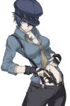 1girl belt black_pants blue_eyes blue_hair blue_shirt breasts clothes_lift fingerless_gloves gloves gun hat highres kasukasugom1 medium_breasts midriff_peek necktie new_nambu_m60 newsboy_cap pants persona persona_4 revolver shirogane_naoto shirt shirt_lift short_hair suspenders tomboy weapon yellow_necktie 