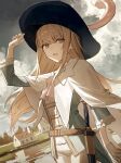  1other absurdres adjusting_clothes adjusting_headwear androgynous aqua_jacket ascot belt blonde_hair blue_eyes blue_hat blue_sky brown_belt cape chevalier_d'eon_(fate) chevalier_d'eon_(saber)_(fate) cloud cloudy_sky commentary fate/grand_order fate_(series) gloves half_gloves hat hat_feather highres jacket long_hair looking_at_viewer other_focus outdoors pants pink_ascot sepia sky solo tamitami white_cape white_gloves white_pants wide_brim 