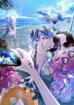  6+girls absurdres alternate_costume augusta_(wuthering_waves) black_flower blake_bloom_(wuthering_waves) blowing blue_hair blue_sky camellya_(wuthering_waves) cellphone cloudy_(wuthering_waves) commentary_request cosmos_(wuthering_waves) day denia_(wuthering_waves) encore_(wuthering_waves) eyewear_on_head flower grey_eyes grey_hair hair_flower hair_ornament hair_vines heart heart-shaped_eyewear highres holding holding_phone inflating iuno_(wuthering_waves) looking_at_viewer mencha multiple_girls ocean open_mouth outdoors pero_(wuthering_waves) phone pink_hair purple_eyes roccia_(wuthering_waves) shorekeeper_(wuthering_waves) short_twintails sigrika_(wuthering_waves) sky smartphone smile squatting sunglasses tacet_mark_(wuthering_waves) twintails wuthering_waves yangyang_(wuthering_waves) yangyang_(xuanling)_(wuthering_waves) 