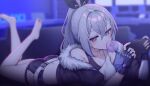  1girl ass bare_legs bare_shoulders barefoot belt black_gloves black_jacket black_shorts blowing_bubble_gum blurry blurry_background breasts butt_crack chewing_gum clothing_cutout couch crop_top cropped_jacket crossed_bangs feet fingerless_gloves frown fur_trim gloves grey_eyes grey_hair hair_ribbon highres hip_vent holding honkai:_star_rail honkai_(series) indoors jacket kushinaka legs_up long_hair looking_at_viewer lying midriff off_shoulder on_couch on_stomach ponytail ribbon shirt short_shorts shorts silver_wolf_(honkai:_star_rail) sleeveless sleeveless_shirt small_breasts soles solo the_pose thighs toes two-tone_shirt white_shirt 