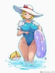  1boy 1girl aqua_eyes artist_name blonde_hair blue_eyes blue_one-piece_swimsuit blue_outline bow braid breasts commentary_request covered_navel crown_braid hat hat_bow holding holding_swim_ring jk_arts large_breasts link looking_at_viewer one-piece_swimsuit outline parted_lips patreon_logo patreon_username pointy_ears princess_zelda red_bow short_hair solo_focus sun_hat swim_ring swimsuit the_legend_of_zelda the_legend_of_zelda:_tears_of_the_kingdom twitter_username wading water wet white_background white_hat 