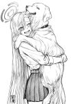  1girl absurdres animal artist_name asuna_(blue_archive) asuna_(school_uniform)_(blue_archive) blue_archive commentary_request cowboy_shot dog from_side golden_retriever greyscale halo highres holding holding_animal inumaru_abi miniskirt monochrome one_eye_closed open_mouth pleated_skirt shirt simple_background skirt sleeves_rolled_up smile solo white_background 