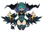  1girl arcana_trust bangle black_capelet black_gloves black_horns black_leotard black_tail black_thighhighs black_wings bracelet capelet commentary_request cropped_legs dark_persona demon_girl demon_horns demon_tail demon_wings elbow_gloves fang feathered_wings gloves green_hair green_trim hair_over_one_eye highres horns jewelry leotard low_wings nikanawa open_mouth pointy_ears red_eyes shaded_face shinrabanshou short_hair simple_background solo star-shaped_pupils star_(symbol) symbol-shaped_pupils tail thighhighs white_background wings 
