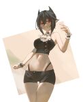  1girl absurdres alternate_costume arknights ascot bare_shoulders black_hair black_shorts breasts chinese_commentary commentary_request cowboy_shot crop_top entelechia_(arknights) frilled_wrist_cuffs frills groin hair_between_eyes hair_horns hand_up highres medium_breasts midriff mole mole_under_eye navel panty_straps pointy_ears red_eyes short_hair short_shorts shorts solo standing thigh_gap white_ascot wrist_cuffs youmon 