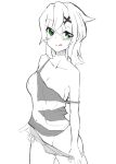  1girl :p akatsuki_kirika blush breasts camisole closed_mouth commentary_request cowboy_shot green_eyes greyscale hair_between_eyes hair_ornament highres koma_kitsune_(kururito) looking_at_viewer medium_breasts medium_hair monochrome panties panty_pull senki_zesshou_symphogear simple_background smile solo spot_color tongue tongue_out underwear undressing x_hair_ornament 