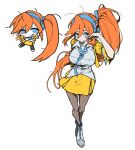 1girl ace_attorney arm_behind_back athena_cykes blue_bow blue_hairband blue_necktie bow bow_hairband breasts brown_pantyhose chibi chibi_inset closed_mouth collared_shirt commentary_request crescent crescent_earrings cropped_jacket earrings full_body hair_between_eyes hair_bow hairband highres jacket jewelry korean_commentary large_breasts long_hair looking_at_viewer necklace necktie open_clothes open_jacket orange_hair pantyhose shichi_(usagi_0224) shirt shoes side_ponytail single_earring skirt smile very_long_hair white_background white_shirt white_shoes yellow_jacket yellow_skirt 