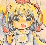  1girl :o animal_ear_fluff animal_ears blue_eyes commentary_request detached_sleeves fang grey_hair hanabi_(karintou15) hat highres inubashiri_momiji long_sleeves looking_at_viewer open_mouth red_hat short_hair skin_fang solo tail top_hat touhou traditional_media upper_body white_sleeves wolf_ears wolf_girl wolf_tail 