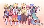  6+girls :d aki_minoriko aki_shizuha alternate_costume animal_ears arm_warmers ascot barefoot bird_ears bird_wings black_skirt blonde_hair blue_eyes blue_hair blue_skirt blush brown_shirt brown_skirt brown_socks collared_shirt commentary_request daiyousei dated dog_ears dog_girl dress drill_hair drill_sidelocks fins frilled_kimono frilled_sleeves frills full_body gradient_background gradient_clothes gradient_skirt green_eyes green_hair green_kimono hair_ornament hair_ribbon head_fins japanese_clothes kasodani_kyouko kimono kneehighs leaf leaf_hair_ornament long_sleeves looking_at_viewer maple_leaf meme merfolk mermaid missing_headwear mizuhashi_parsee monster_girl multiple_girls mystia_lorelei obi obijime one_side_up open_mouth orange_skirt pink_dress pointy_ears purple_sash rangycrow ribbon sash scarf shirt short_hair short_sleeves siblings sidelocks sisters sitting skirt smile socks touhou touhou_22nd_popularity_poll wakasagihime white_scarf white_shirt white_socks wide_sleeves wings yellow_ascot yellow_ribbon yellow_shirt |_| 