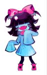  1girl aqua_(deltarune) aqua_dress aqua_skin black_hair black_thighhighs bow colored_skin commentary covered_eyes deltarune dress fangs hair_bow hair_wings mary_janes pink_bow pink_scarf pink_shoes scarf shoes simple_background sleeves_past_fingers sleeves_past_wrists solo thighhighs utdr_(toby_fox) white_background ziv_(tonozwew) 